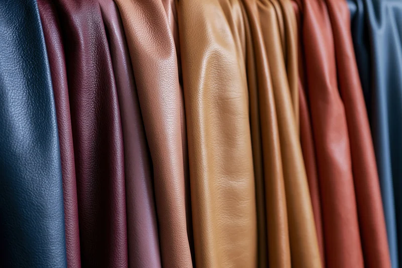 Multiple leather hide samples draped vertically side by side