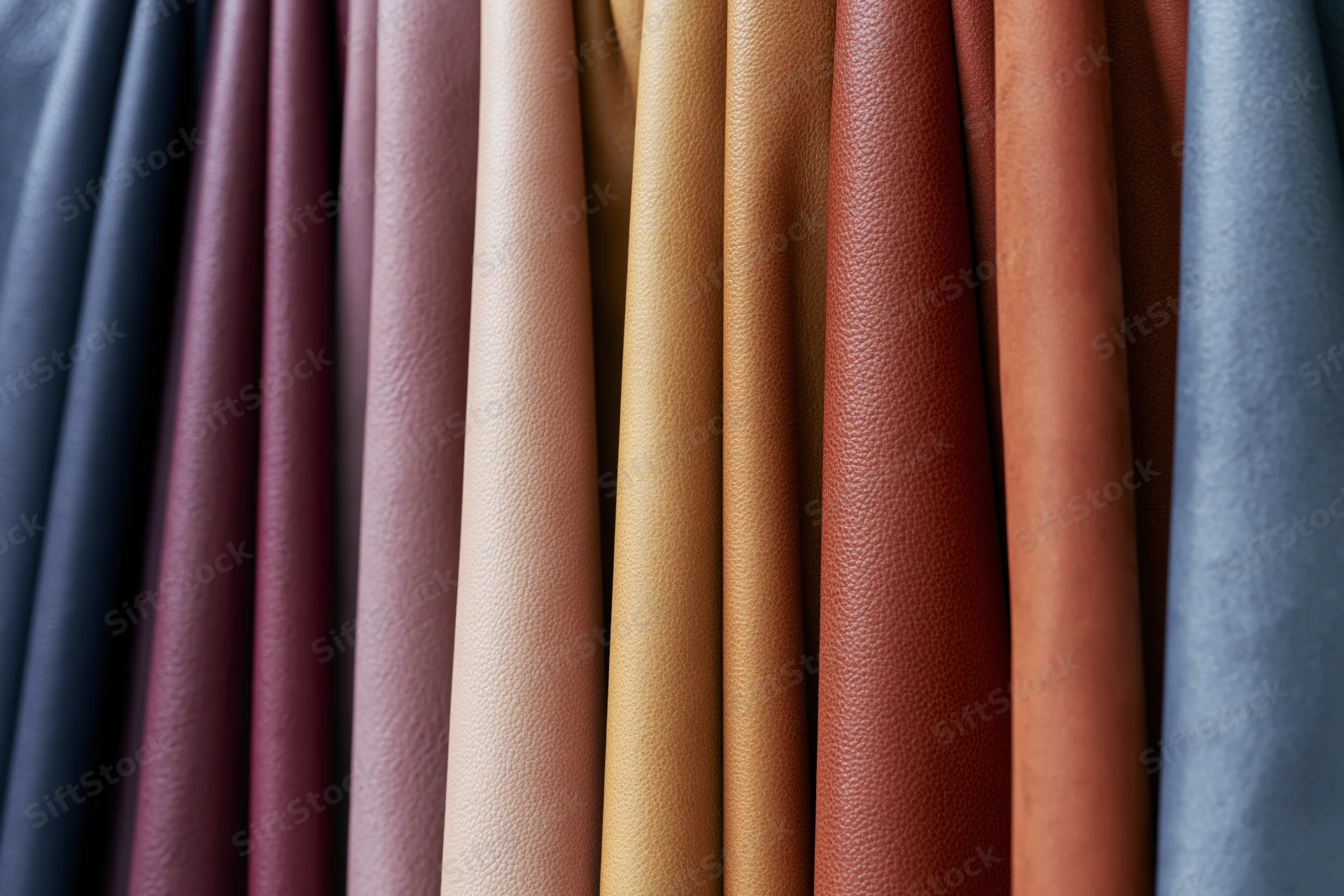 Vertical arrangement of leather hide samples in various colors and textures for material selection