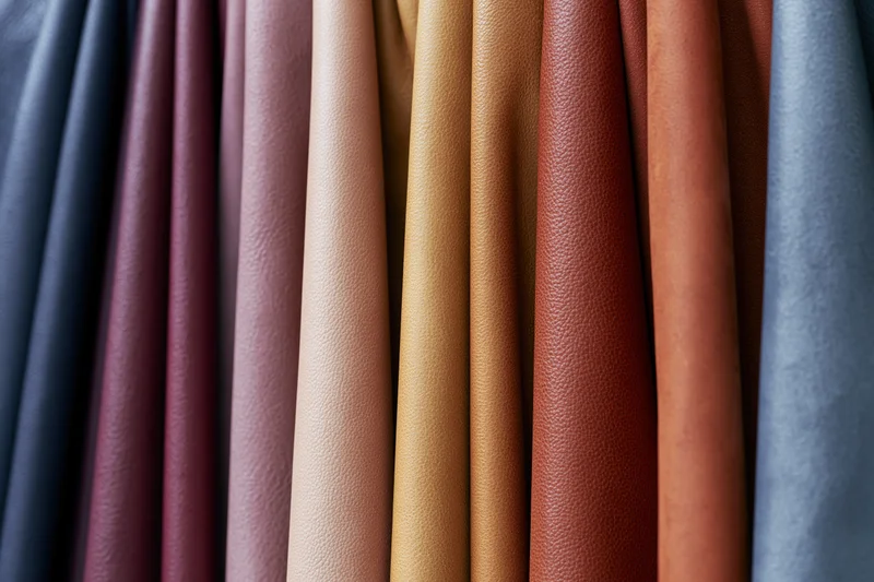 Vertical arrangement of leather hide samples in various colors and textures for material selection