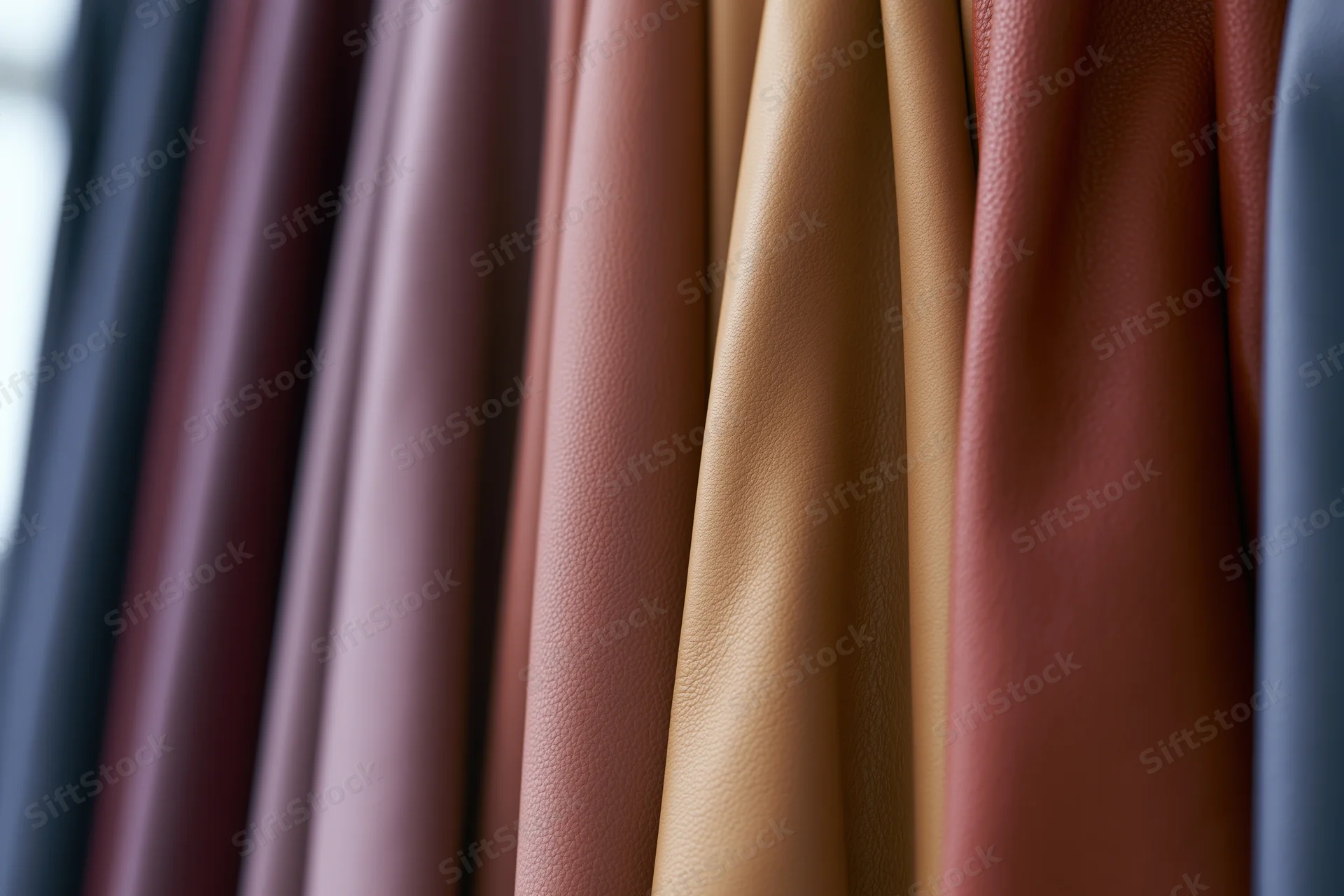Vertical leather hide samples arranged side by side for material selection
