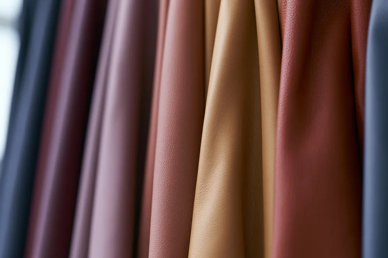 Vertical leather hide samples arranged side by side for material selection