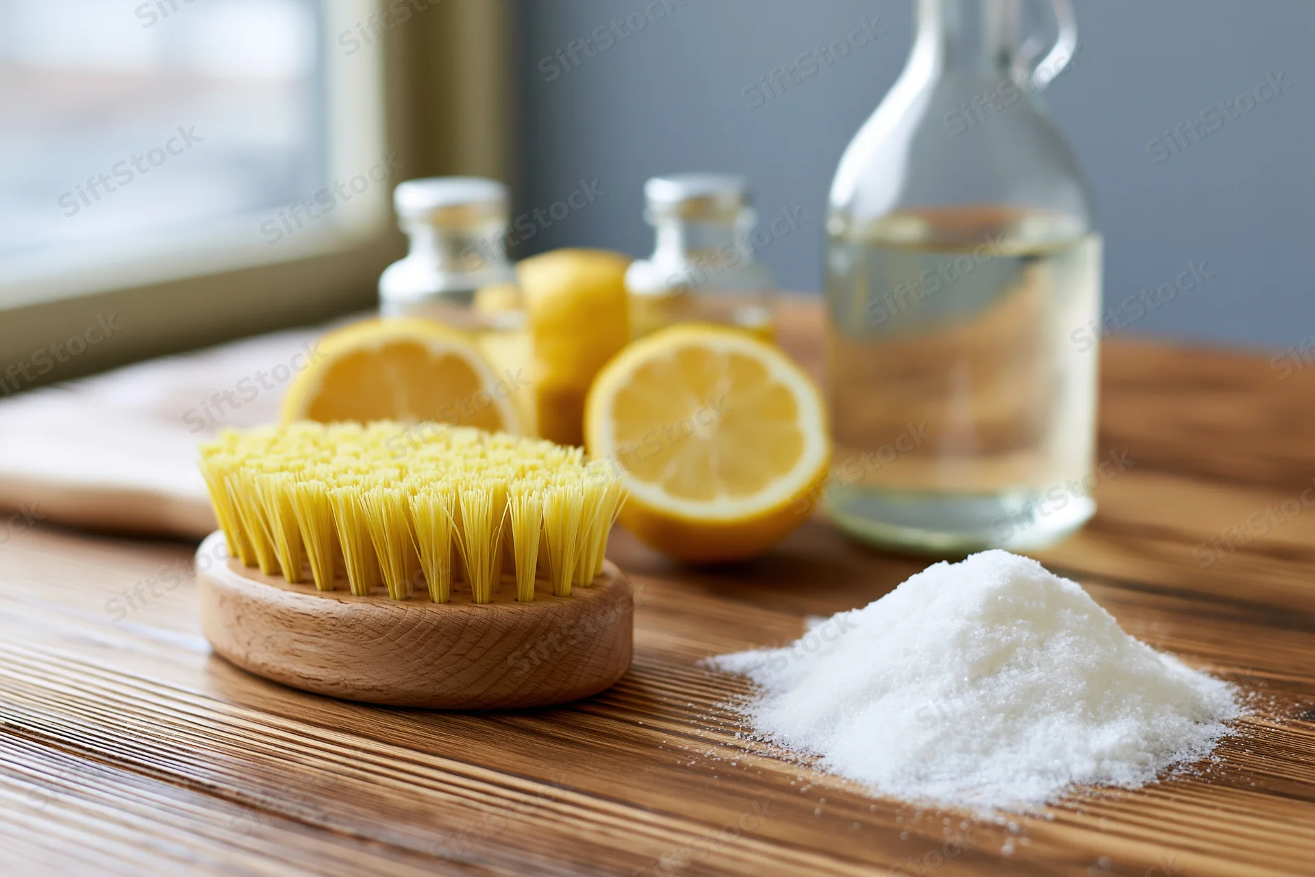Natural cleaning supplies arranged on a rustic wooden table with lemon, vinegar, baking soda, and brush