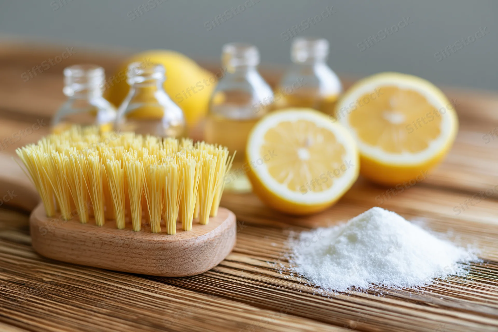 Natural cleaning supplies arranged on a rustic wooden table with lemon halves, a scrub brush, and white powder