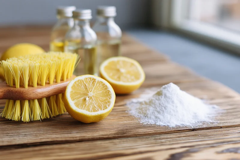 Natural cleaning supplies arranged on a rustic wooden table with lemon, brush, powder and bottles near a window