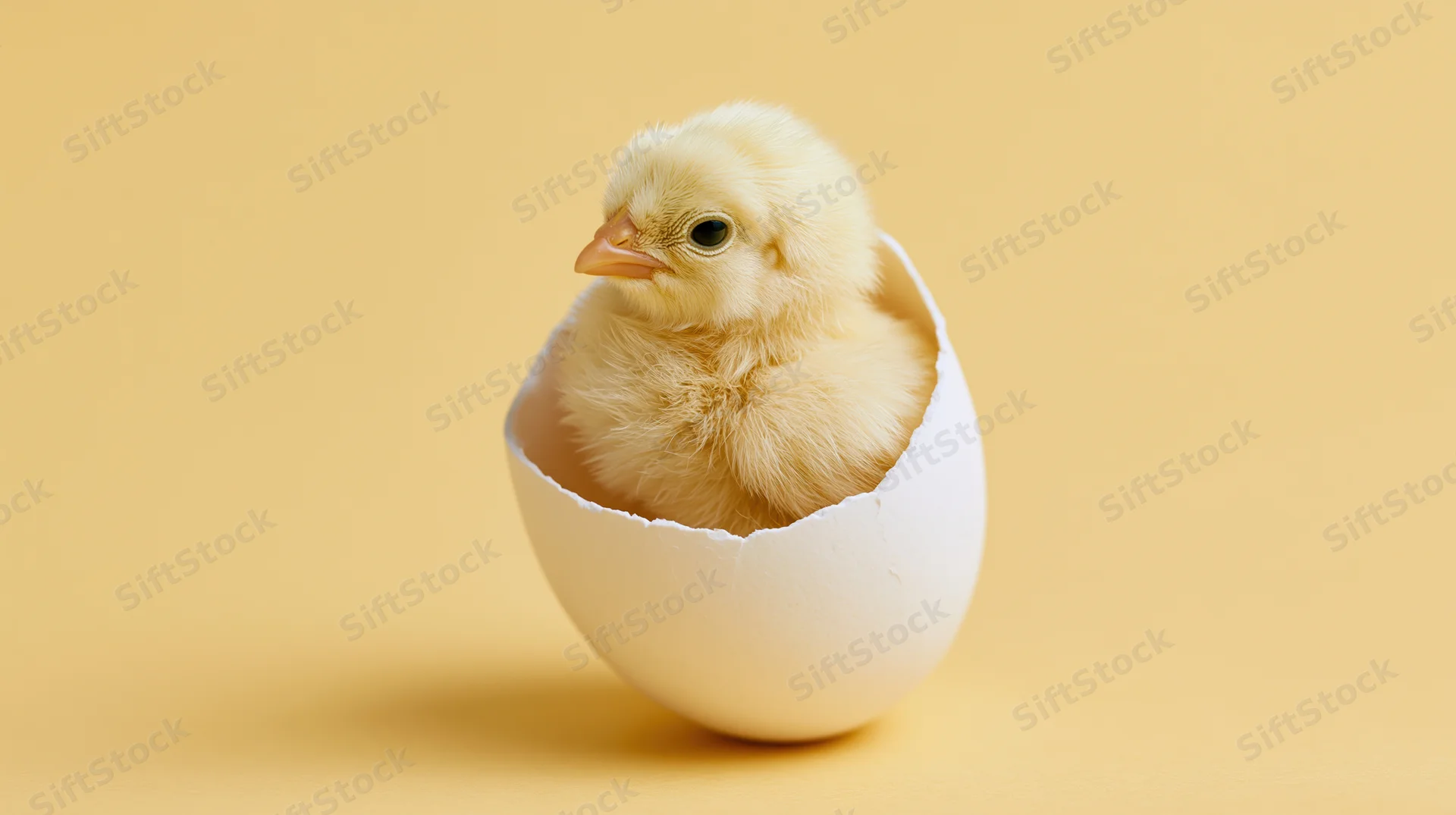 Newborn yellow chick sitting inside a cracked white eggshell on a plain yellow background