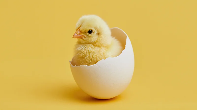 Newborn yellow chick sitting inside a cracked white eggshell on yellow background