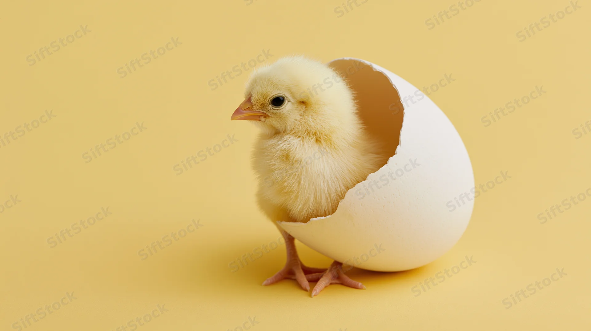 Newborn yellow chick sitting inside a cracked white eggshell on a plain yellow background