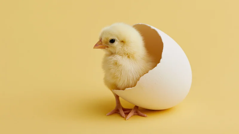 Newborn yellow chick sitting inside a cracked white eggshell on a plain yellow background