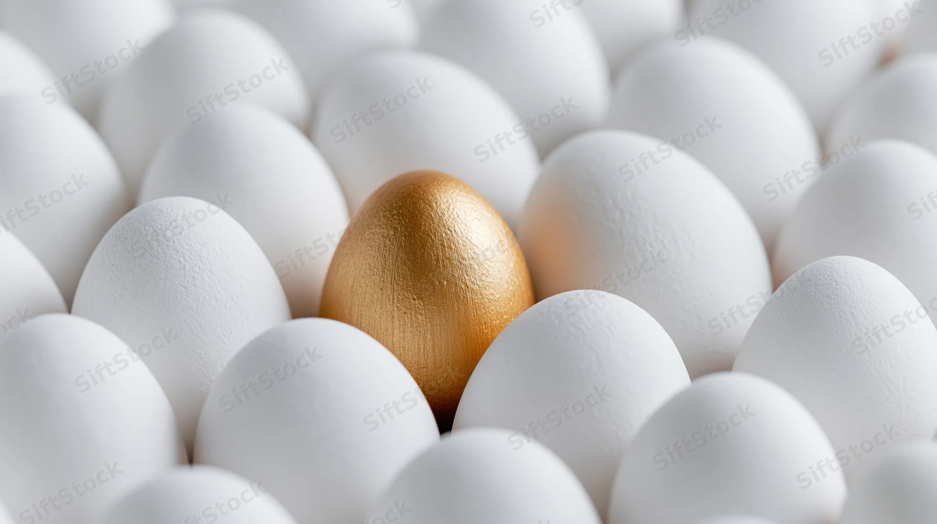 Golden egg among white eggs in closeup view