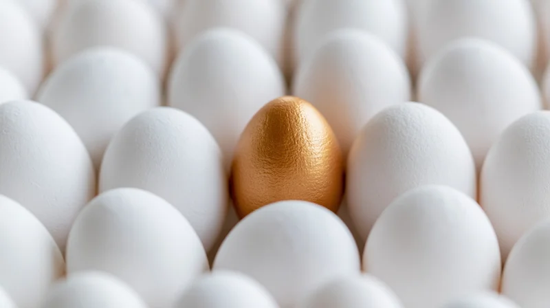 Golden egg centered among white eggs in a close-up arrangement