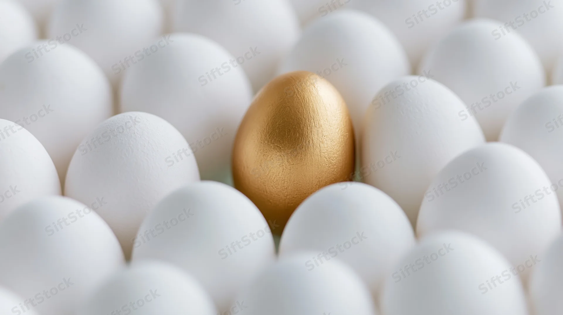 Golden egg among white eggs in closeup view