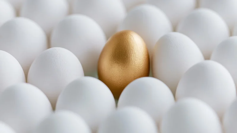 Golden egg among white eggs in closeup view