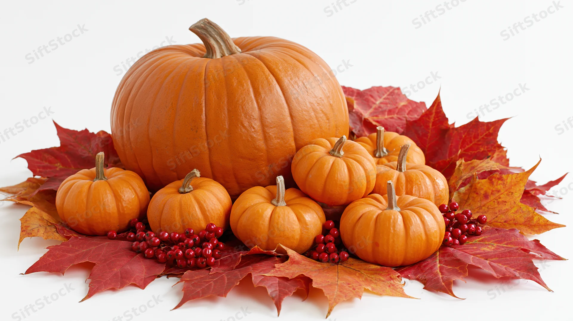 Large orange pumpkin surrounded by small pumpkins and red maple leaves on white background