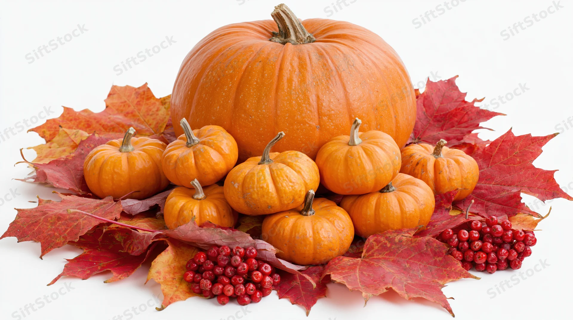 Large orange pumpkin surrounded by small pumpkins and red maple leaves on white background
