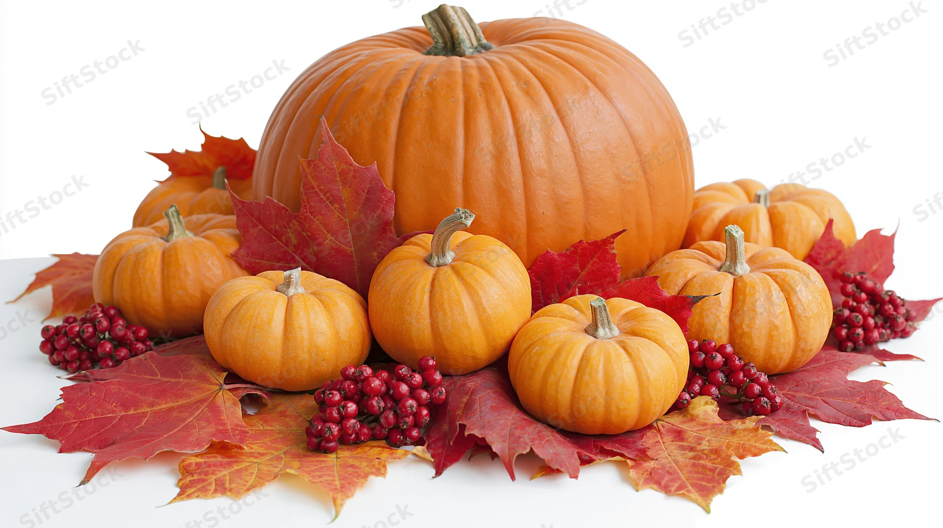 Large orange pumpkin surrounded by small pumpkins and red maple leaves on white background