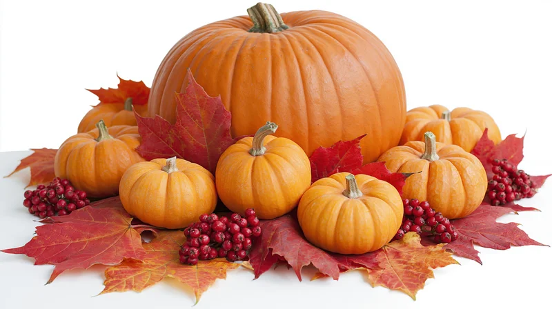 Large orange pumpkin surrounded by small pumpkins and red maple leaves on white background