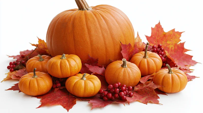 Large orange pumpkin surrounded by small pumpkins and red maple leaves on white background