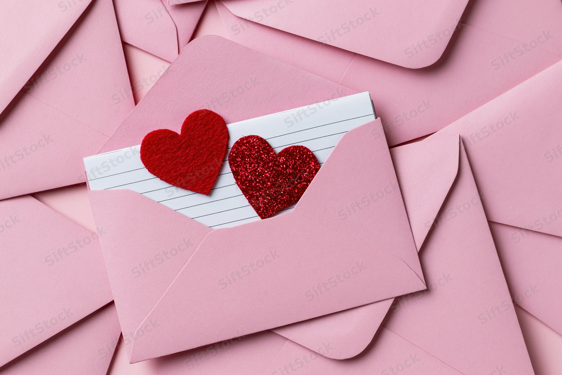 Open pink envelope revealing two red hearts on lined paper among scattered envelopes