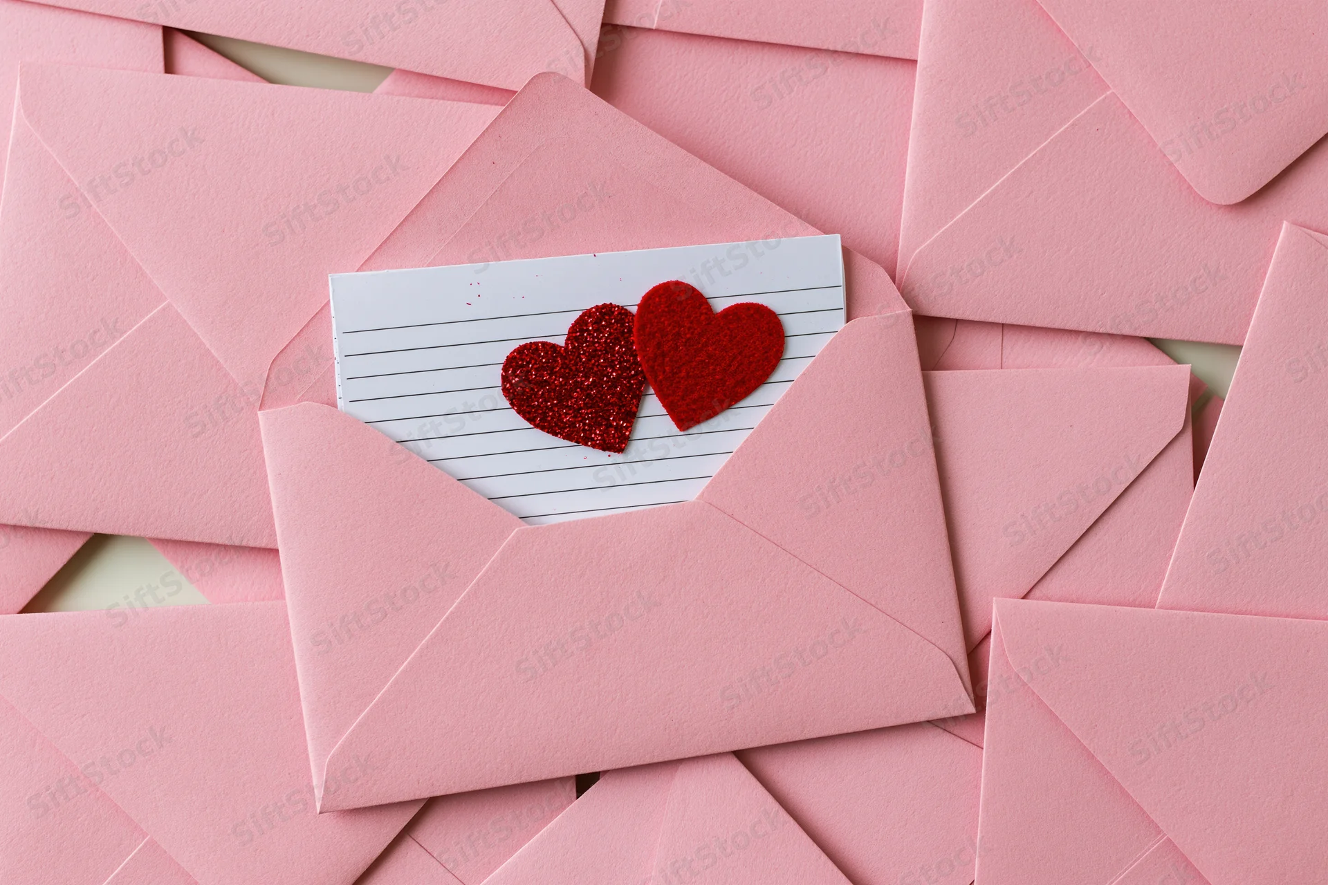 Open pink envelope revealing a lined card with two red glitter hearts inside, surrounded by stacked pink envelopes