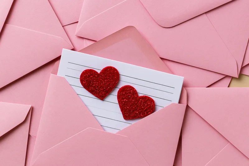 Open pink envelope revealing a white card with two red glitter hearts on lined paper, surrounded by pink envelopes