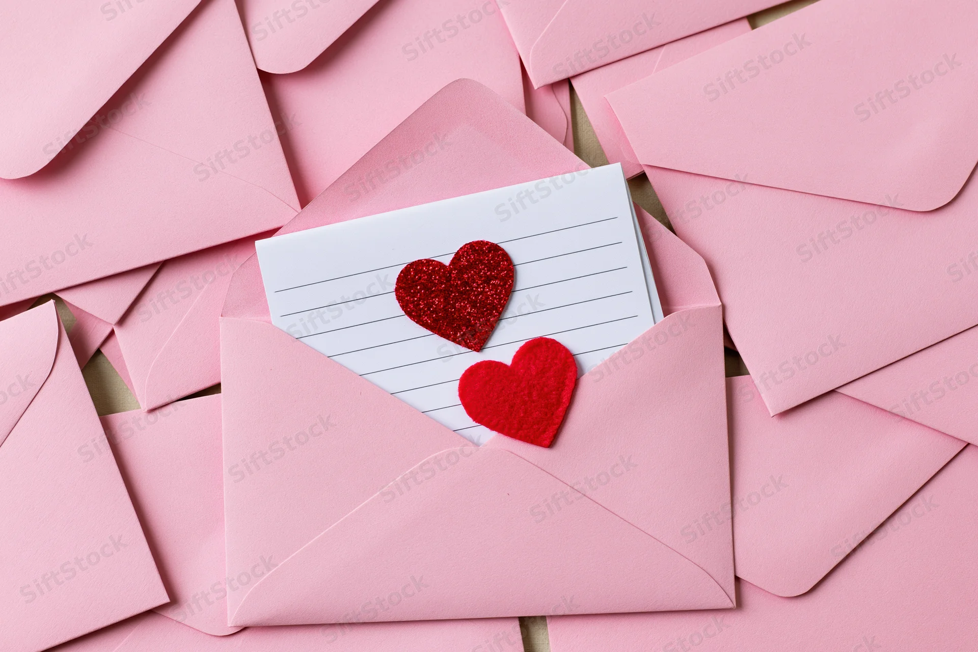 Open pink envelope revealing a white card with red glitter and felt hearts, surrounded by pink envelopes