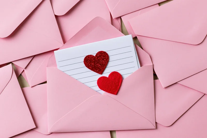 Open pink envelope revealing a white card with red glitter and felt hearts, surrounded by pink envelopes