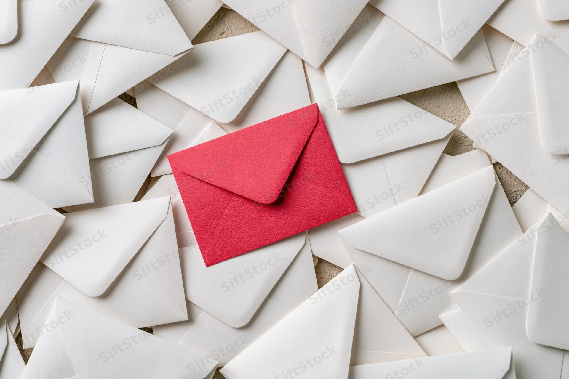 Red envelope among scattered white envelopes on textured surface