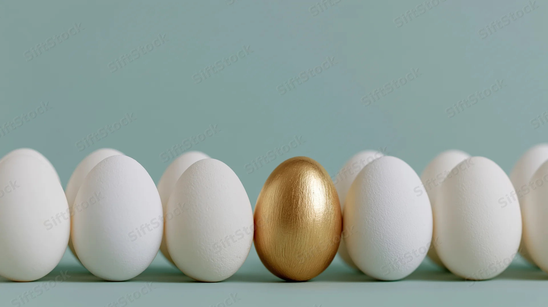 Golden egg standing in a row of white eggs on a light blue surface