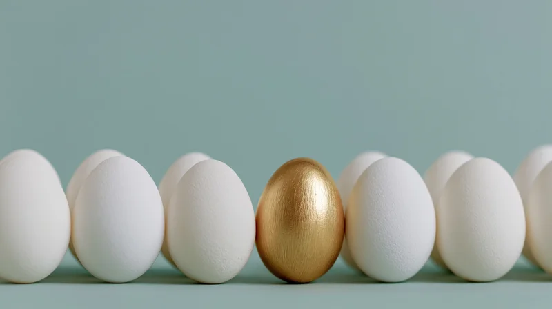Golden egg standing in a row of white eggs on a light blue surface