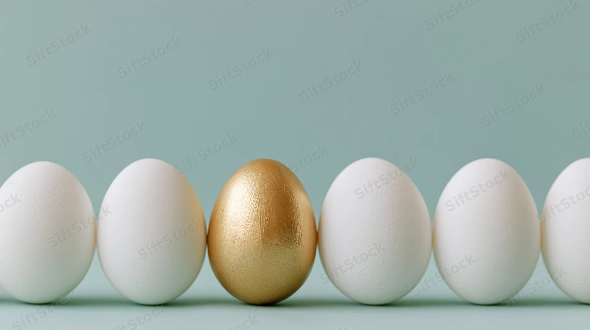 Golden egg among white eggs in a row on a teal background