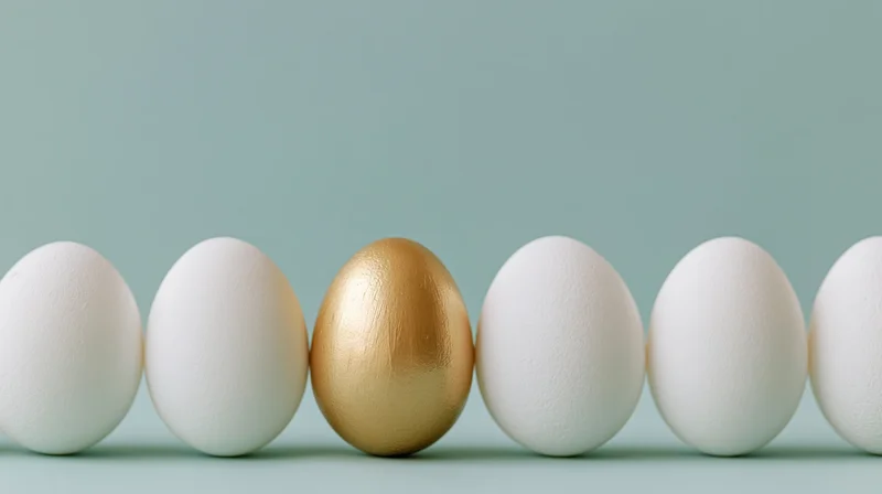 Golden egg among white eggs in a row on a teal background