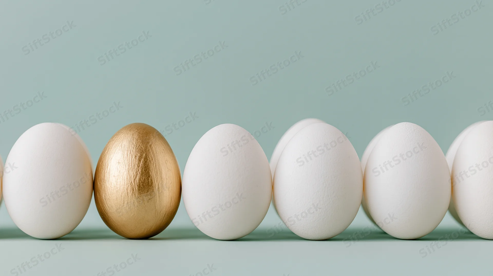 Golden egg among white eggs in a row on a mint surface