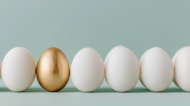 Golden egg among white eggs in a row on a mint surface