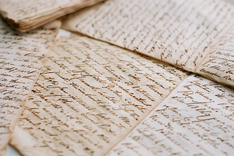 Antique handwritten letters layered and overlapping on a flat surface