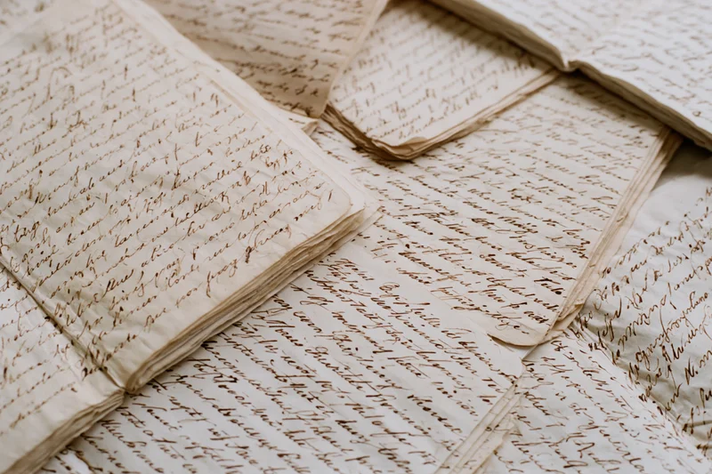 Antique handwritten letters layered and overlapping on a flat surface
