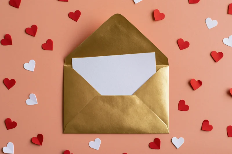 Open gold metallic envelope with blank white card surrounded by red and white paper hearts on peach background