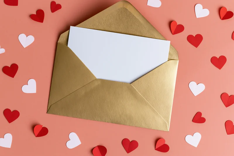 Open gold metallic envelope with blank white card surrounded by red and white paper hearts on peach background