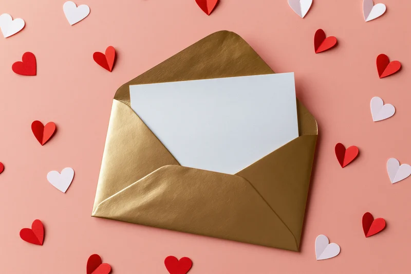 Open gold metallic envelope with blank white card surrounded by red and white paper hearts on pink background