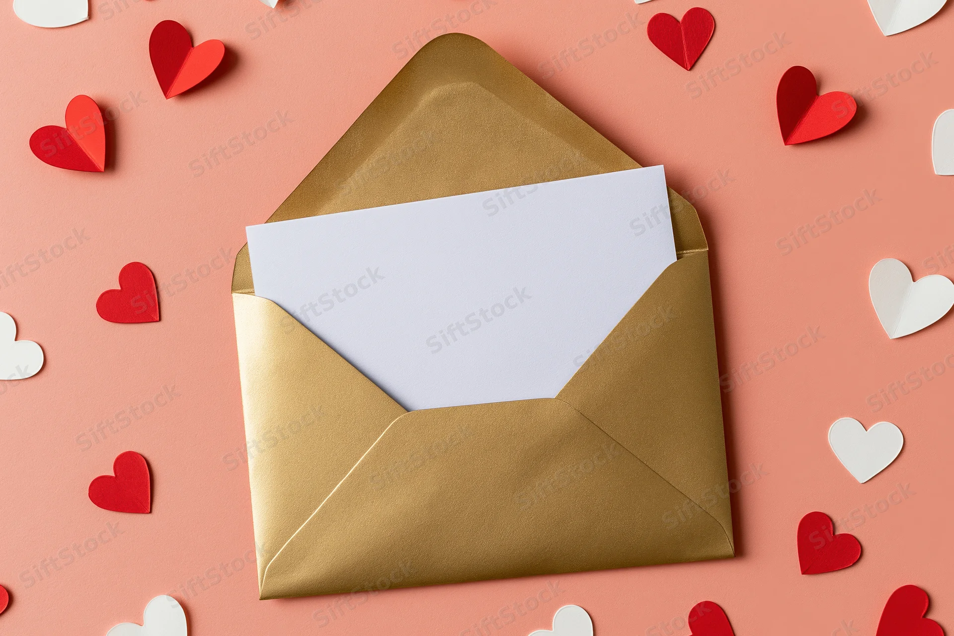 Open gold metallic envelope with blank white card on pink surface surrounded by red and white paper hearts