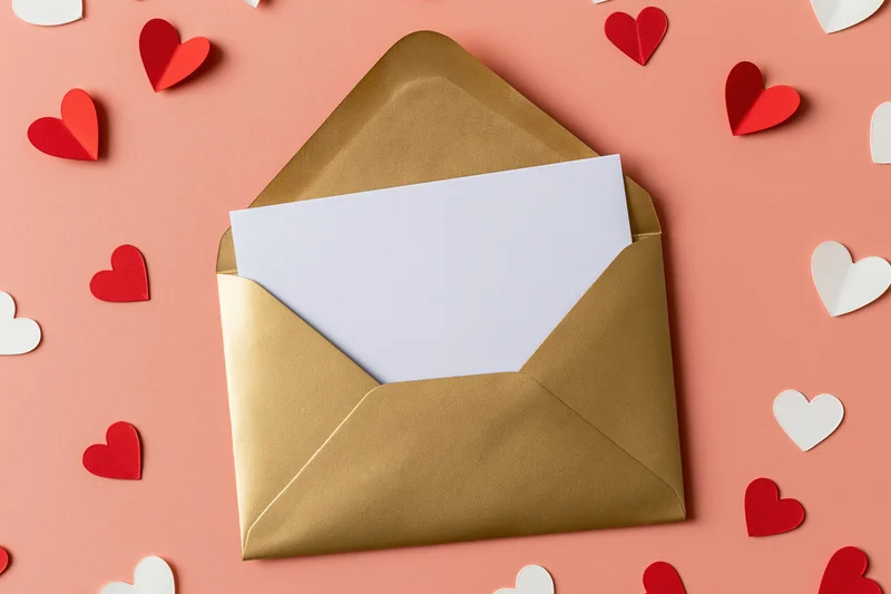 Open gold metallic envelope with blank white card on pink surface surrounded by red and white paper hearts