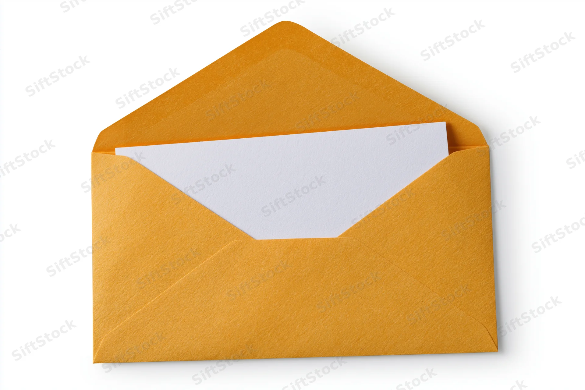 Open golden yellow paper envelope with blank white card inside, isolated on white background