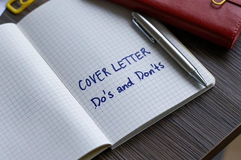 Open grid-lined notebook with handwritten cover letter do's and don'ts on dark wooden desk with pen and red wallet