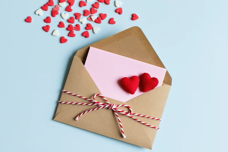 Open kraft envelope with pink note and red hearts tied with string on light blue background