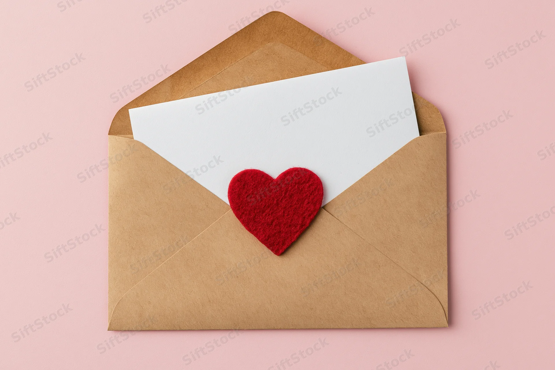 Open kraft paper envelope with red felt heart sticker on pink background