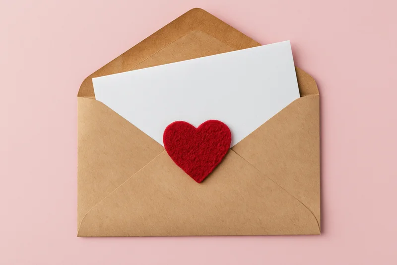 Open kraft paper envelope with red felt heart sticker on pink background