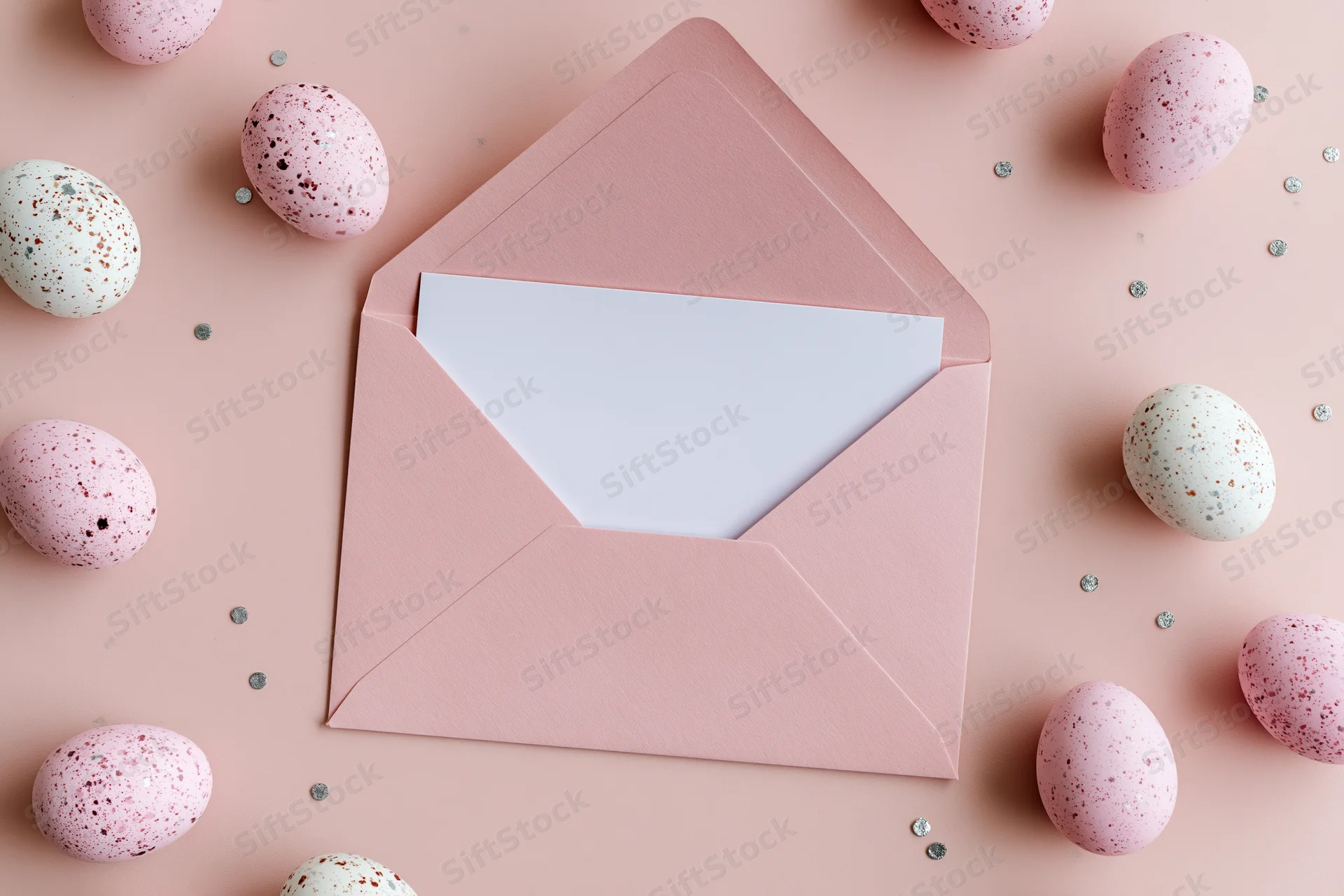 Open pink envelope with blank white card inside surrounded by speckled easter eggs on pastel pink surface