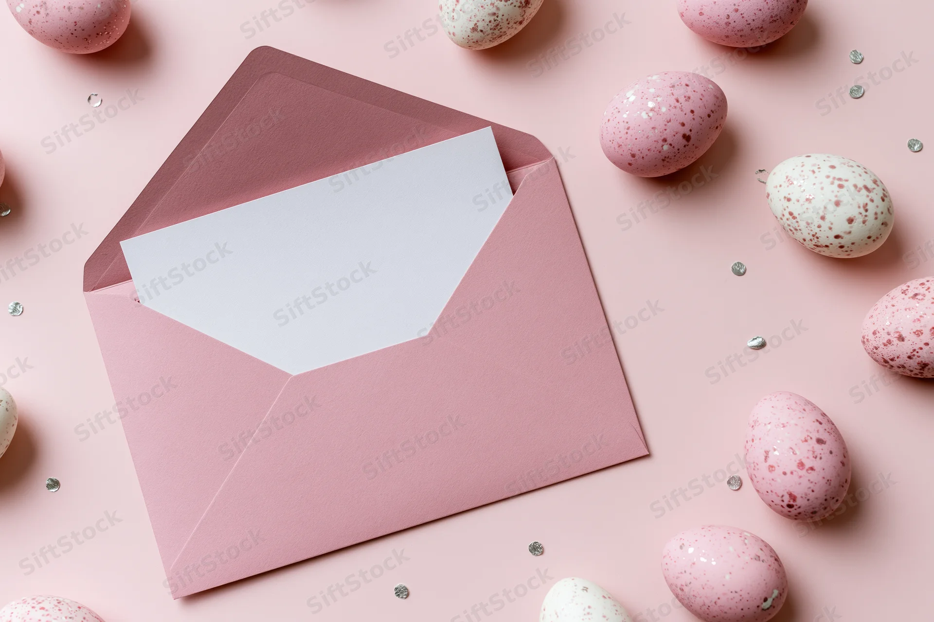 Open pink envelope with blank white card inside surrounded by speckled easter eggs on pastel pink surface