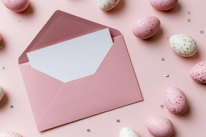 Open pink envelope with blank white card inside surrounded by speckled easter eggs on pastel pink surface