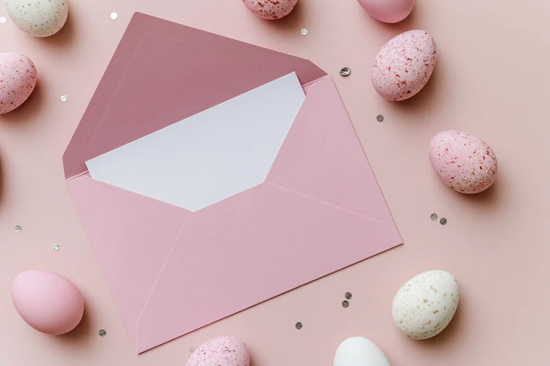 Open pink envelope with blank white card inside surrounded by pastel easter eggs and confetti on a pink surface