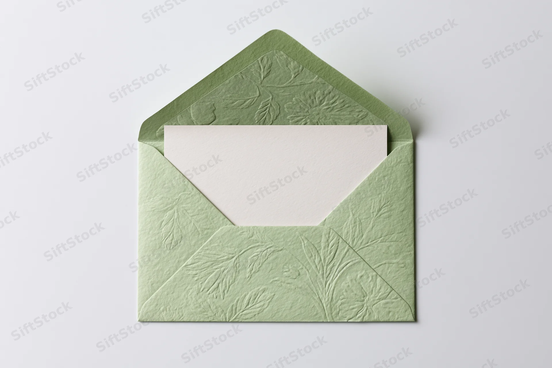 Open sage green envelope with embossed floral pattern holding a blank card on white background